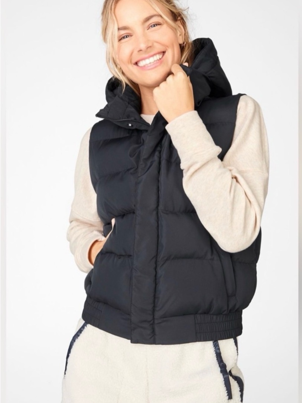 Fabletics Black Hooded Puffer Large Thick Vest Removable Hood Puffer Vest